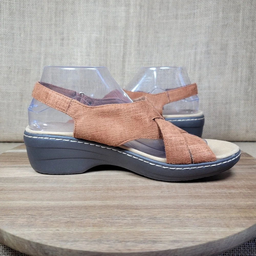 Clarks Merliah Echo Wedge Sandals Rust Brown Textile Straps Women's‎ 9 Comfort